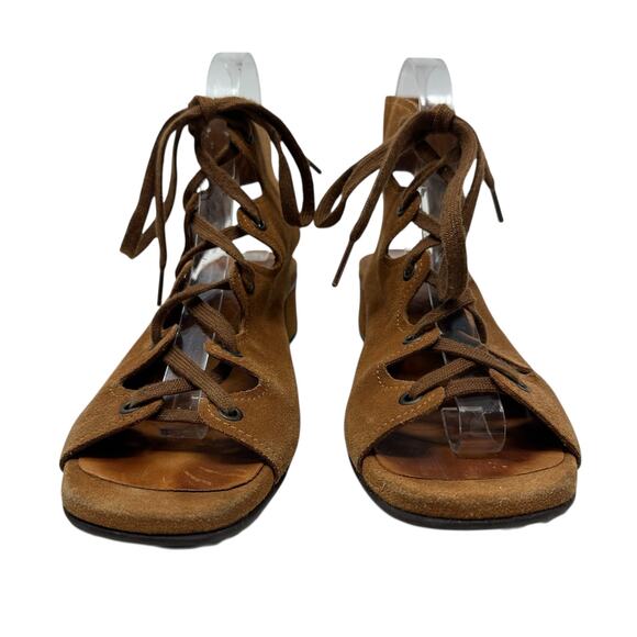 Chie Mihara Lace-Up Sandals Block Heel Suede Tan Brown Size 38.5 US 8.5 - Picture 3 of 16